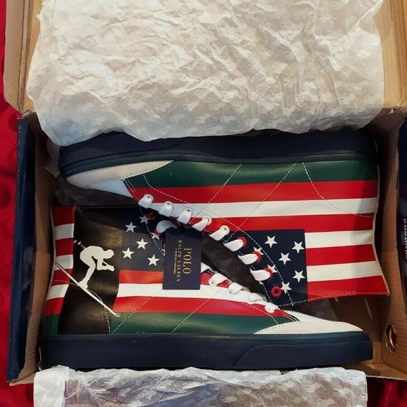 New Polo Ralph Lauren Solomon Canvas Shoes Suicide USA Flag Sui Ski Men's 14D - Picture 2 of 10